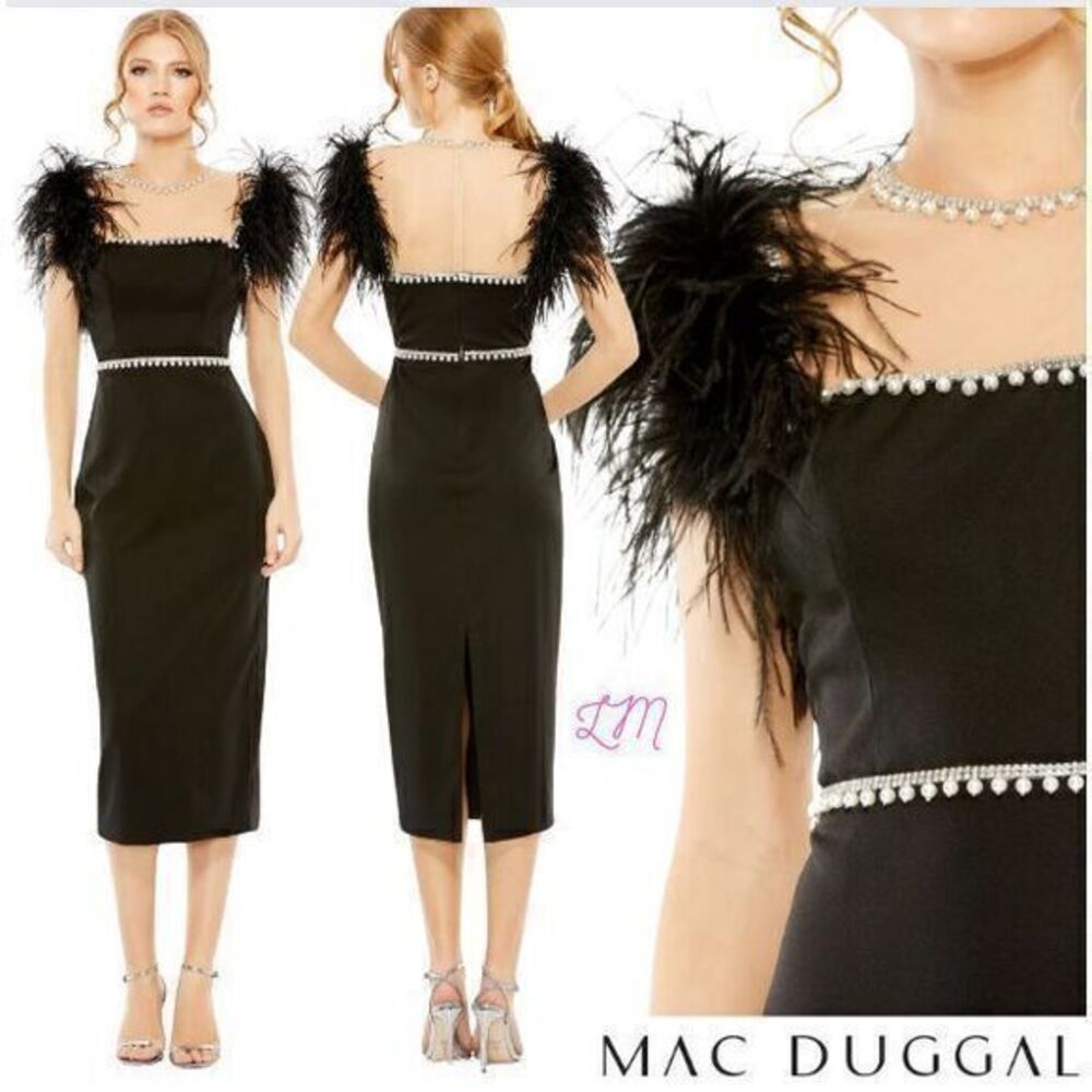 Mac Duggal 11438 Feather Cap Sleeve Pearl Embellished Sheath Dress 10 Black‎